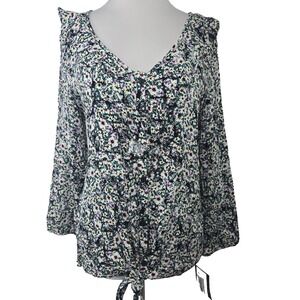 I.N. Studio Medium M Floral V-neck Long Sleeve Button-Tie-Front Blouse Top NWT